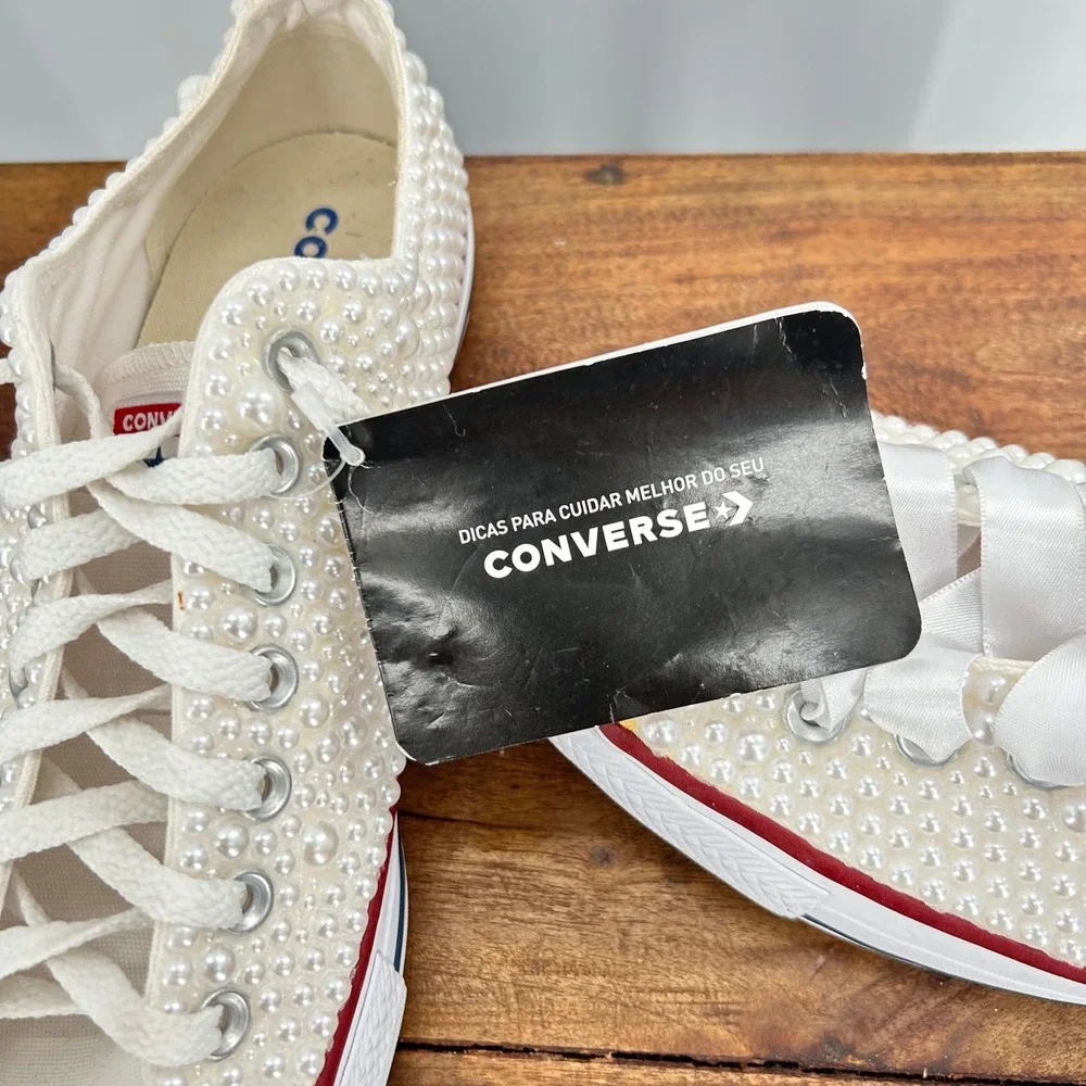 Converse All Star Pearl Embellished Low  Sneakers Ivory Bridal‎ Shoes Womens 8.5